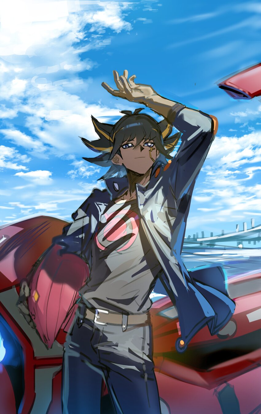 1boy absurdres arm_up belt black_hair black_shirt blue_eyes blue_jacket blue_sky bridge brown_belt brown_gloves carrying carrying_under_arm cloud cloudy_sky d-wheel elbow_gloves facial_mark facing_viewer fudo_yusei gloves grey_pants hair_slicked_back hand_up helmet highres holding holding_helmet horizon jacket looking_at_viewer looking_up male_focus moemoenomori motor_vehicle motorcycle motorcycle_helmet ocean open_clothes open_jacket outdoors pants popped_collar red_helmet shirt sky skyline spiked_hair tan yu-gi-oh! yu-gi-oh!_5d&#039;s