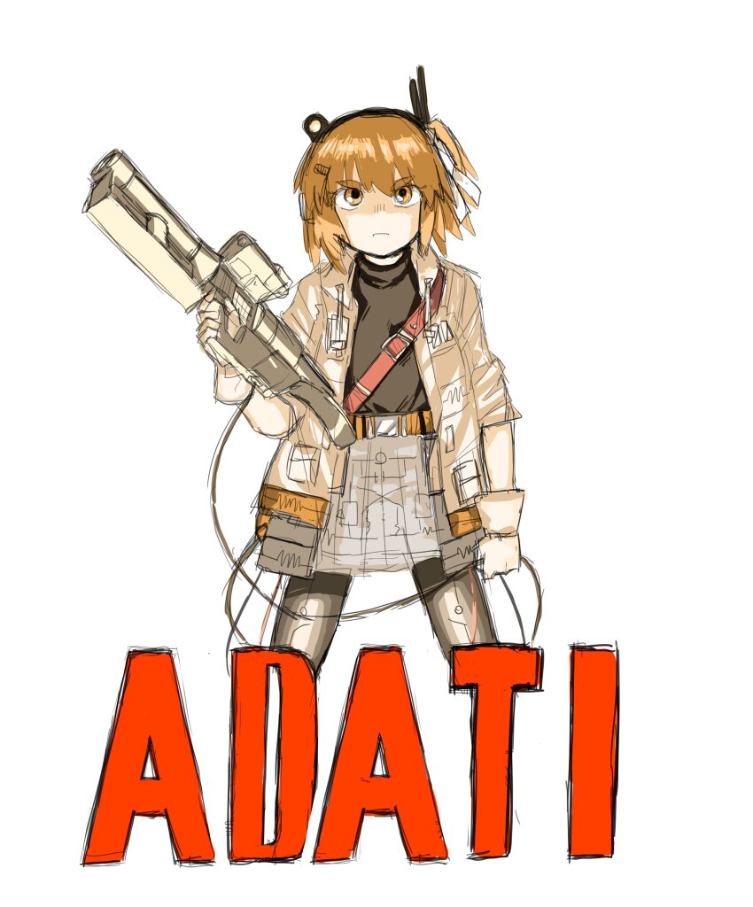 1girl a.i._voice absurdres adachi_rei akira_(manga) belt black_leggings black_shirt cable character_name circuit_board_print energy_gun facing_viewer gloves grey_skirt gun hair_ornament hair_ribbon hairclip hand_up headlamp headset highres holding holding_cable holding_gun holding_weapon jacket kunreishiki laser_rifle leggings light_frown looking_up one_side_up open_clothes open_jacket orange_eyes orange_hair parody radio_antenna ribbon romaji_text shirt short_hair shoulder_strap sketch skirt sleeves_rolled_up solo subaru_namisaki title_parody turtleneck utau utility_belt v-shaped_eyebrows weapon white_background white_gloves white_jacket white_ribbon