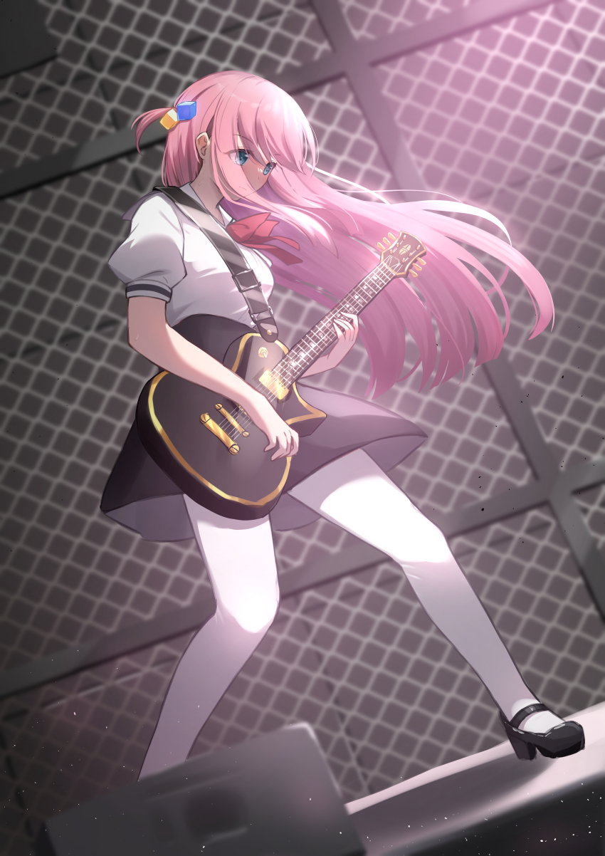 1girl absurdres alternate_costume black_shoes black_skirt blue_eyes bocchi_the_rock! bow bowtie closed_mouth commentary cube_hair_ornament daoyan dutch_angle eyes_visible_through_hair floating_hair full_body gotoh_hitori guitar hair_between_eyes hair_ornament high-waist_skirt highres holding holding_guitar holding_instrument instrument light_particles long_hair looking_down mary_janes music one_side_up pantyhose pink_hair playing_guitar playing_instrument puffy_short_sleeves puffy_sleeves red_bow red_bowtie serious shirt shoes short_sleeves skirt solo stage standing straight_hair sweat v-shaped_eyebrows very_long_hair white_pantyhose white_shirt