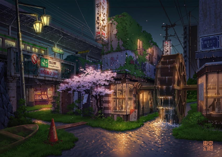 abandoned boat building cherry_blossoms cityscape commentary_request highres lamppost night night_sky no_humans original outdoors overgrown petals plank power_lines real_world_location rust scenery sign sky tokyogenso traffic_cone tree utility_pole water water_wheel watercraft when_you_see_it