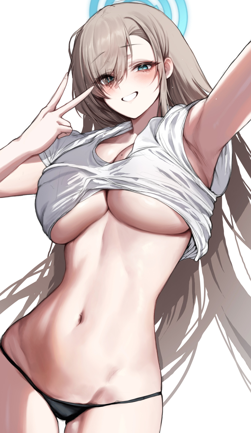 1girl absurdres asuna_(blue_archive) black_panties blue_archive blue_eyes blue_halo blush breasts clothes_lift commentary_request gadeung_hye hair_over_one_eye halo hand_up highres large_breasts long_hair looking_at_viewer mole mole_on_breast navel outstretched_arm panties shirt shirt_lift simple_background smile solo stomach underboob underwear v very_long_hair white_background white_shirt
