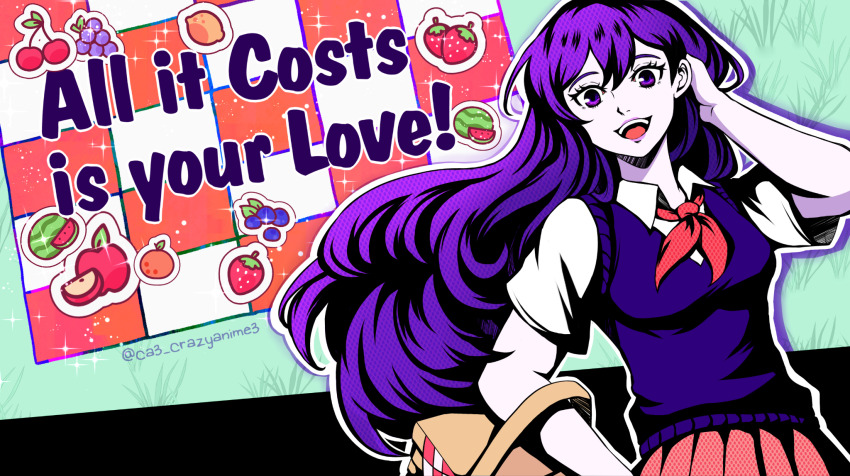 1girl apple basket blanket breasts cherry colored_skin crazyanime3 english_text food fruit grapes highres holding holding_basket long_hair looking_at_viewer mari_(headspace)_(omori) mari_(omori) medium_breasts neckerchief omori orange_(fruit) persona picnic_basket pleated_skirt purple_eyes purple_hair red_neckerchief red_skirt shirt short_sleeves skirt soejima_shigenori_(style) solo strawberry watermelon white_shirt white_skin