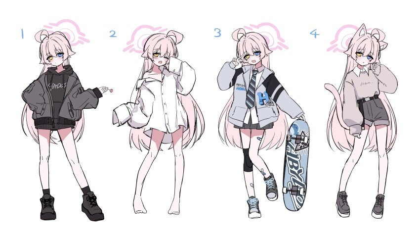 1girl absurdres ahoge alternate_costume animal_ears bandaid bandaid_on_leg bare_legs barefoot black_hoodie black_shoes black_shorts black_skirt blue_archive blue_eyes blue_necktie blush cat_ears cat_tail closed_mouth collared_shirt full_body grey_hoodie grey_shorts grey_skirt halo hand_in_pocket heterochromia highres hood hood_down hoodie hoshino_(blue_archive) jacket long_hair long_sleeves looking_at_viewer multiple_views naked_shirt necktie nifuji one_eye_closed open_clothes open_mouth oversized_clothes oversized_shirt pink_hair pink_halo pleated_skirt puffy_long_sleeves puffy_sleeves shirt shirt_tucked_in shoes shorts simple_background skateboard skirt sleeves_past_fingers sleeves_past_wrists smile sneakers standing tail white_background white_shirt yellow_eyes