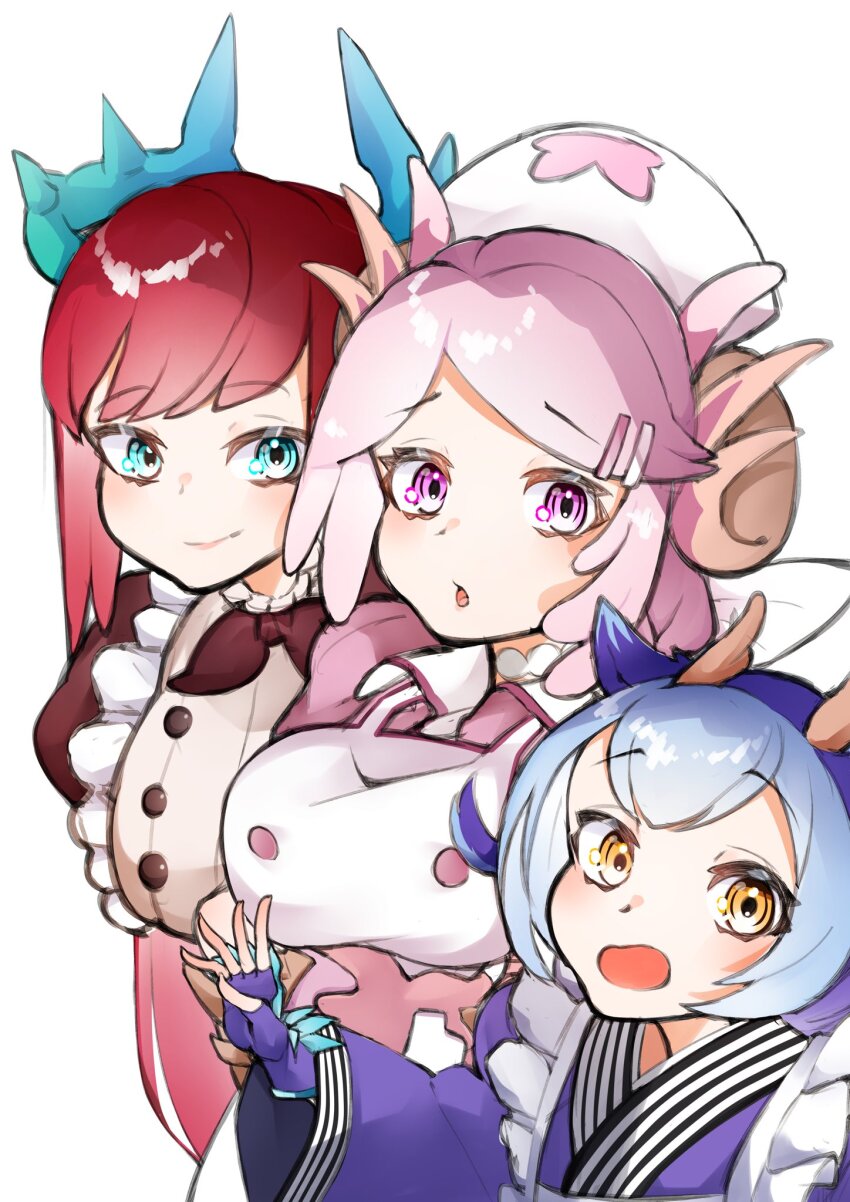 3girls apron blue_eyes blue_hair blue_kimono blush breasts chef closed_mouth dragon_girl dragon_horns duel_monster eastern_dragon_horns fingerless_gloves frilled_apron frills gloves hat highres horns japanese_clothes kimono kitchen_dragonmaid large_breasts laundry_dragonmaid long_hair long_sleeves looking_at_viewer maid maid_apron mixed_maids multiple_girls nurse nurse_cap nurse_dragonmaid open_mouth pink_eyes pink_hair puffy_long_sleeves puffy_sleeves red_hair short_twintails simple_background smile twintails wa_maid white_background yellow_eyes yu-gi-oh! zukki0731