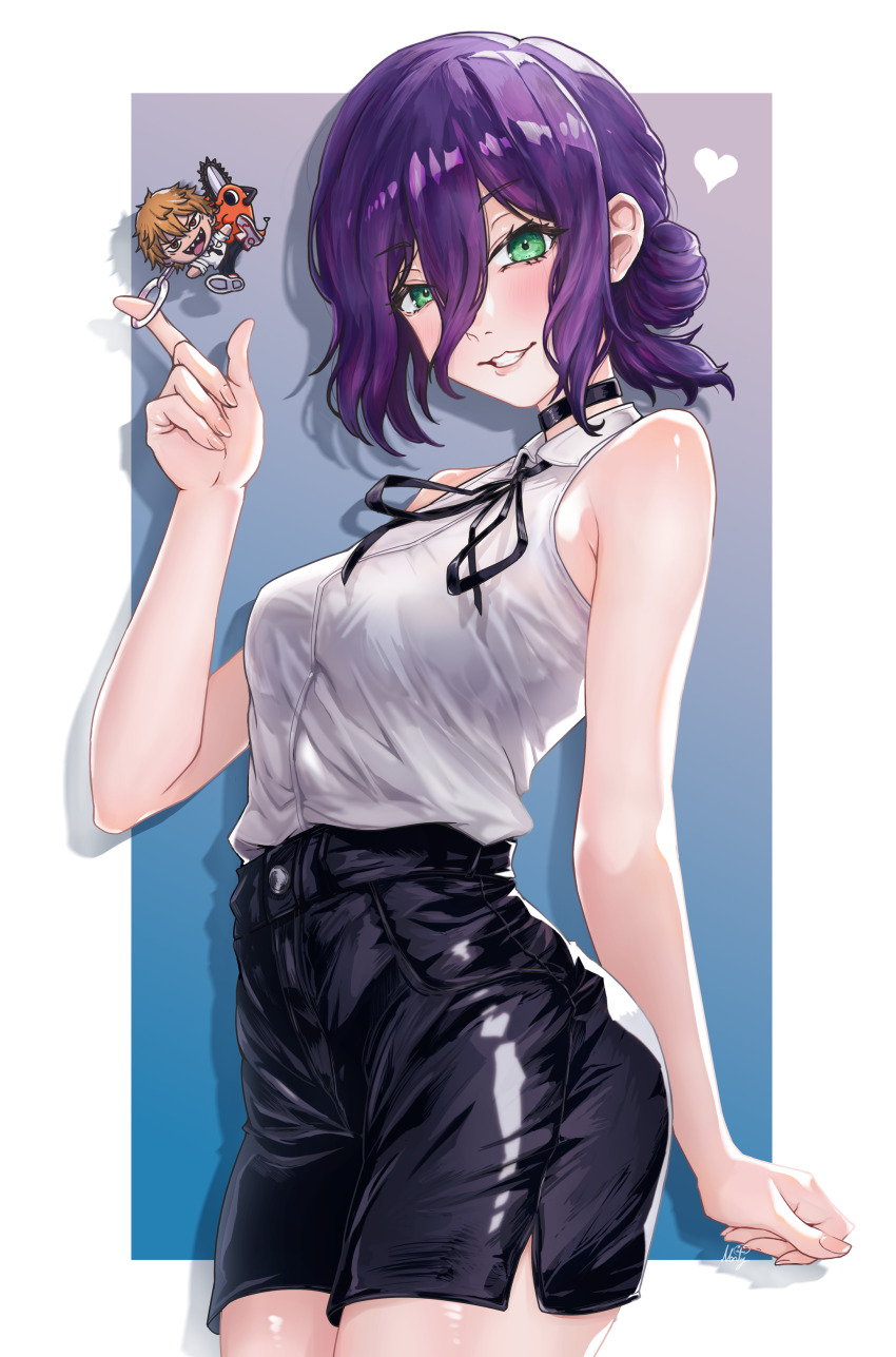 1girl absurdres black_choker black_ribbon black_shorts chainsaw_man character_charm charm_(object) choker collared_shirt denji_(chainsaw_man) green_eyes hair_bun highres monty1024 neck_ribbon pochita_(chainsaw_man) purple_hair reze_(chainsaw_man) ribbon shirt shirt_tucked_in short_shorts shorts sleeveless sleeveless_shirt solo white_shirt