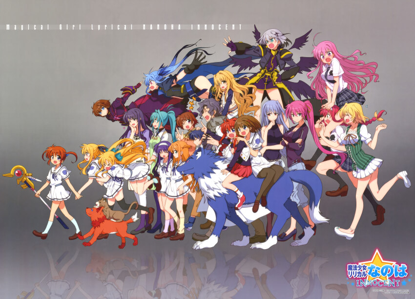&gt;_&lt; 2boys 6+girls :d :o absurdres ahoge alicia_testarossa amitie_florian amy_limietta annotated apron aqua_eyes aqua_hair arf arisa_bunnings belt black_socks black_thighhighs blonde_hair blue_eyes blue_hair blush blush_stickers bow braid breasts brown_hair cape carrying cat chrono_harlaown cleavage closed_eyes copyright_name denim dog earrings eltria_girls_high_school_uniform everyone fate_testarossa father_and_daughter fingerless_gloves flying glomp gloves granz_florian green_eyes grey_hair hair_bow hair_ornament hair_ribbon hairband hand_on_own_cheek hand_on_own_chin hand_on_own_face hand_on_own_hip hand_on_shoulder heart high_heels highres hug jacket jeans jewelry kawakami_shuuichi kyrie_florian laughing leotard levi_the_slasher lindy_harlaown long_hair lord_dearche lyrical_nanoha magazine_(weapon) magical_girl mahou_shoujo_lyrical_nanoha_innocent medium_breasts miniskirt mother_and_daughter mother_and_son multiple_boys multiple_girls necktie official_art one_eye_closed open_clothes open_jacket open_mouth orange_hair outstretched_hand pants pantyhose pink_eyes pink_hair pink_socks plaid_clothes plaid_skirt pleated_skirt pointing ponytail presea_testarossa private_kaisei_elementary_school_uniform purple_eyes purple_hair purple_socks raising_heart raising_heart_(accel_mode)_(2nd) red_eyes red_hair reflection reflective_floor reinforce ribbon rynith school_uniform serafuku shamal shoes short_hair short_twintails shoulder_carry siblings signum sisters skirt smile socks staff stern_the_destructor sweatdrop takamachi_nanoha thighhighs tsukimura_suzuka twin_braids twins twintails very_long_hair vest vita_(nanoha) waist_cape white_socks wings wolf x_hair_ornament yagami_hayate yellow_socks yuri_eberwein zafira