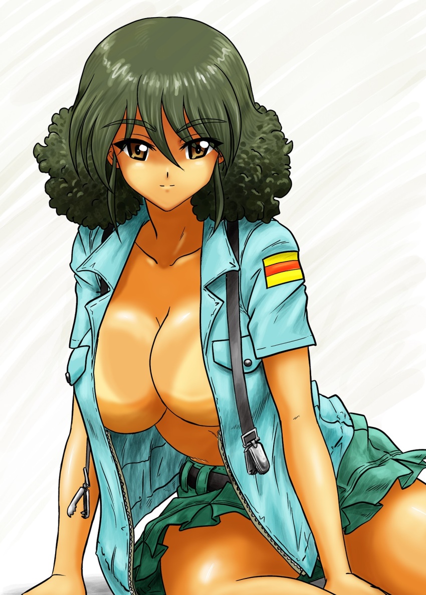 1girl aoshidan_school_uniform belt black_belt black_eyes black_hair blue_shirt breasts cleavage commentary curly_hair dark-skinned_female dark_skin gemini69 girls_und_panzer green_skirt highres large_breasts leaning_to_the_side looking_at_viewer medium_hair miniskirt navel open_clothes open_shirt pleated_skirt school_uniform shirt short_sleeves sitting skirt solo spanish_flag suspenders suspenders_removed untucked_shirt viridiana_(girls_und_panzer) yokozuwari