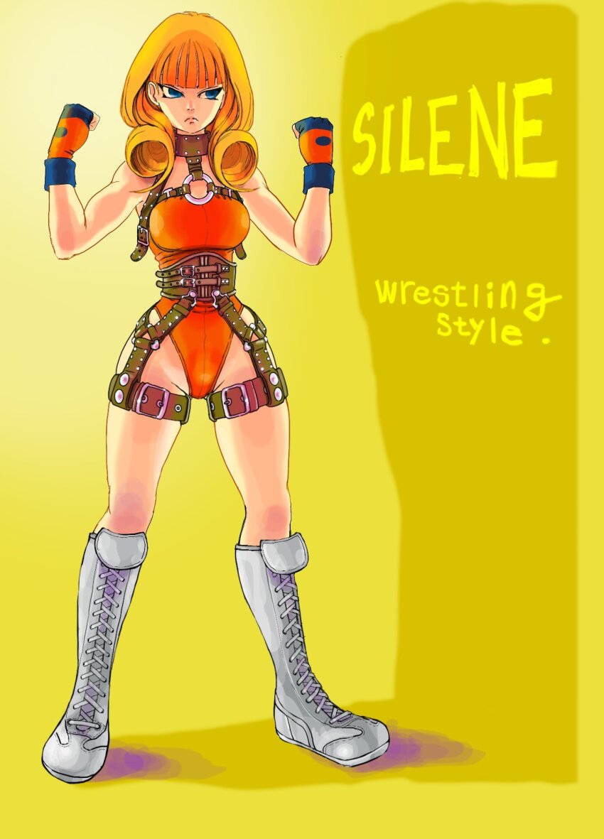 belt blonde_hair blue_eyes boots chest_harness choker curly_hair curly_sidelocks fighter&#039;s_impact gloves harness highres knee_boots leotard multiple_belts non-web_source o-ring orange_leotard silene_rambert strapless strapless_leotard wrestler wrestling_outfit