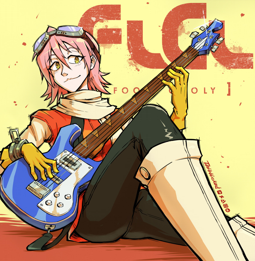 1girl absurdres artist_name black_pants boots closed_mouth commentary copyright_name deviantart_logo electric_bass_guitar english_commentary flcl glint gloves goggles goggles_on_head guitar haruhara_haruko highres holding holding_guitar holding_instrument instagram_logo instrument knee_up light_blush looking_to_the_side on_ground pants patreon_logo pink_hair red_vest reddit_logo scarf short_hair sitting smile solo sparkle teiwicked vest white_boots yellow_eyes yellow_gloves