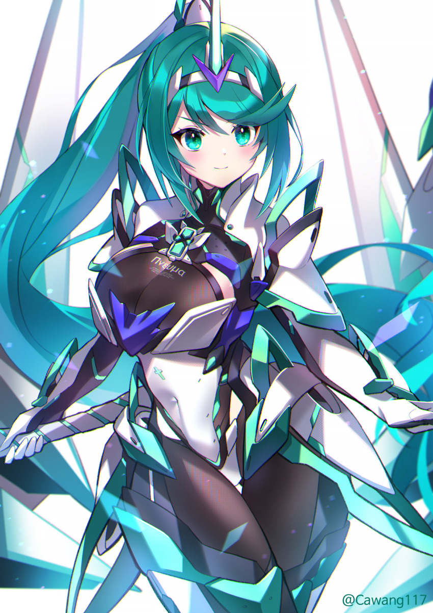 1girl breasts cawang green_eyes green_hair highres large_breasts long_hair pneuma_(xenoblade) ponytail solo very_long_hair xenoblade_chronicles_(series) xenoblade_chronicles_2