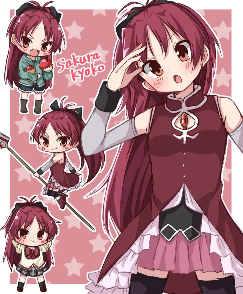 1girl apple black_ribbon character_name chibi food fruit hair_ribbon happy_candy_ooo highres holding holding_food holding_fruit magical_girl mahou_shoujo_madoka_magica mitakihara_school_uniform multiple_views ponytail red_background red_hair ribbon sakura_kyoko sakura_kyoko_(magical_girl) school_uniform