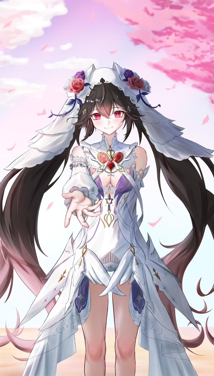 1girl absurdres black_hair breasts cleavage cross_hair_ornament dress flower flower_on_head hair_between_eyes hair_ornament heart-shaped_gem highres long_hair looking_at_viewer lucia:_pyroath_(wedding_dress)_(pgr) lucia_(pgr) offering_hand official_alternate_costume punishing:_gray_raven red_eyes smodo2132 solo twintails very_long_hair wedding_dress white_dress winged_headwear