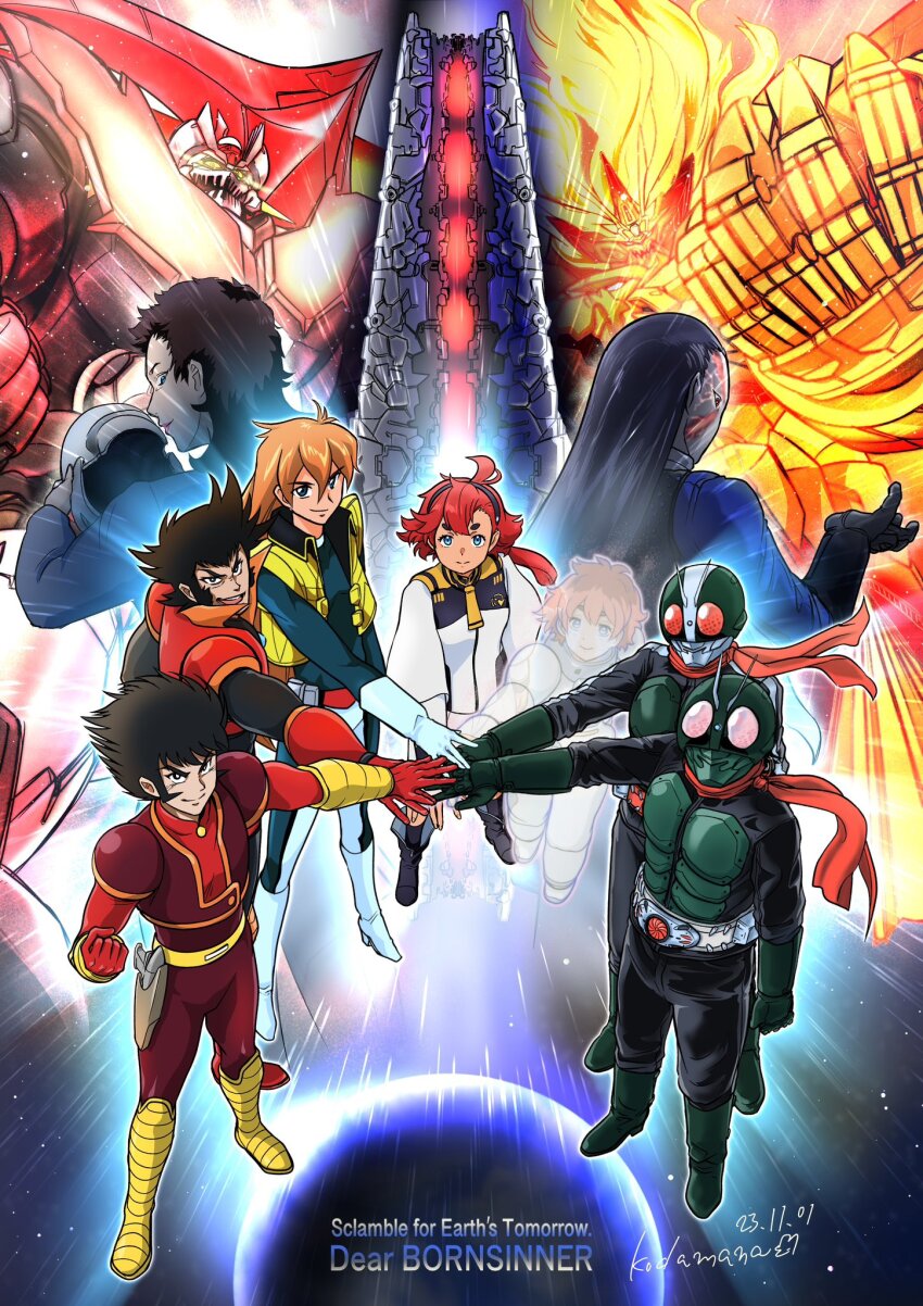 artist_request asticassia_school_uniform black_hairband blonde_hair ericht_samaya gaogaigar gundam gundam_suisei_no_majo hairband highres kabuto_kouji kamen_rider kamen_rider_1 kamen_rider_1_(shin) kamen_rider_2 kamen_rider_2_(shin) low_ponytail mazinger_(series) mazinger_z mother_and_daughter ponytail prospera_mercury quiet_zero red_hair scarf school_uniform shin_kamen_rider shin_mazinger_zero shishiou_gai shoulder_boards suletta_mercury thick_eyebrows yuusha_ou_gaogaigar yuusha_series