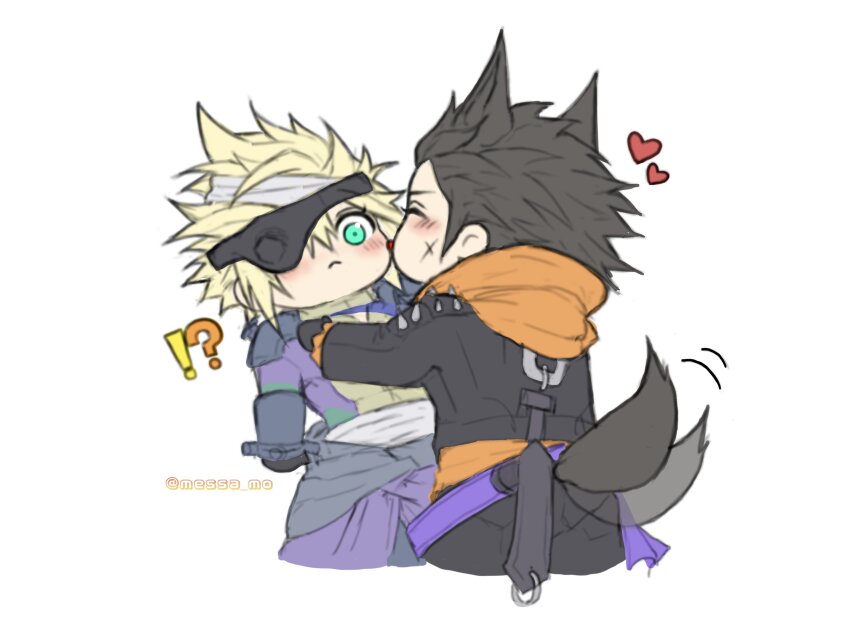 !? 2boys absurdres animal_ears arm_armor armor bandaged_head bandaged_torso bandages belt black_gloves black_hair black_jacket blonde_hair blush bodysuit chibi closed_eyes cloud_strife cloud_strife_(bandaged_coat) commentary cross_scar dog_boy dog_ears dog_tail eyepatch facial_scar final_fantasy final_fantasy_vii final_fantasy_vii_ever_crisis gloves green_eyes halloween halloween_costume heart highres hood hood_down hoodie jacket licking licking_another&#039;s_cheek licking_another&#039;s_face long_sleeves male_focus messa_mo multiple_boys official_alternate_costume orange_hoodie pauldrons scar scar_on_cheek scar_on_face short_hair shoulder_armor simple_background skin_tight spiked_hair spiked_jacket spikes spoken_heart tail tail_wagging upper_body white_background yaoi zack_fair zack_fair_(black_hound)