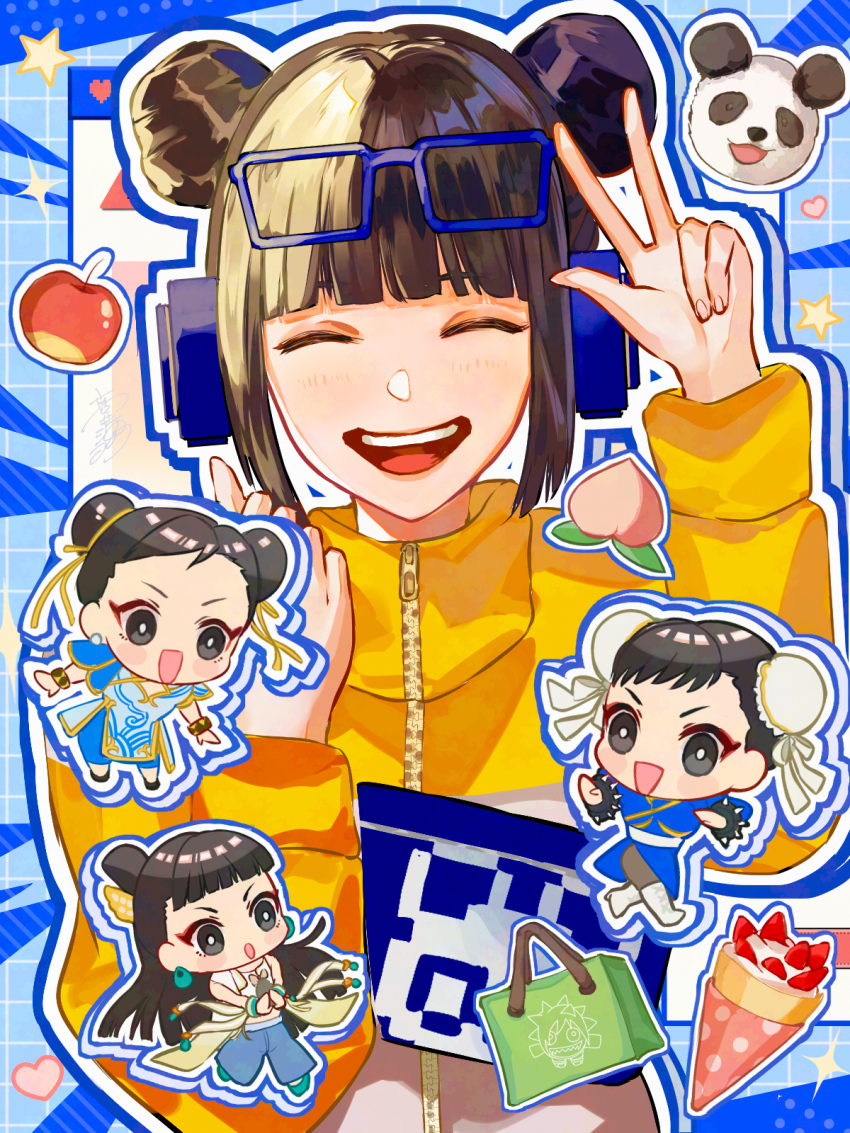 1girl apple bag blanka-chan blue_headphones brown_hair capcom chun-li closed_eyes commentary crepe double_bun food fruit hair_bun heart highres li-fen panda peach short_hair smile star_(symbol) street_fighter street_fighter_6 symbol-only_commentary takai_misa v