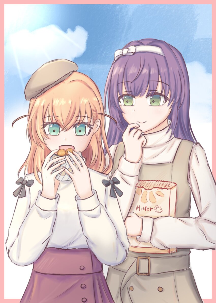 2girls :d aqua_eyes belt beret blue_sky border bow bow_hairband brown_dress brown_hat closed_mouth cloud crossed_bangs donut dress eating food green_eyes hairband hat highres hikari863126 hinoshita_kaho hinoshita_kaho_(first_date) holding holding_donut holding_food link!_like!_love_live! long_belt long_hair long_sleeves looking_at_another love_live! medium_hair multiple_girls official_alternate_costume official_alternate_hairstyle open_mouth orange_hair otomune_kozue otomune_kozue_(first_date) outside_border pinafore_dress pink_border pon_de_ring purple_hair red_skirt sidelocks skirt sky sleeveless sleeveless_dress smile split_mouth sweater tilted_headwear turtleneck turtleneck_sweater two_side_up upper_body virtual_youtuber white_bow white_hairband white_sweater