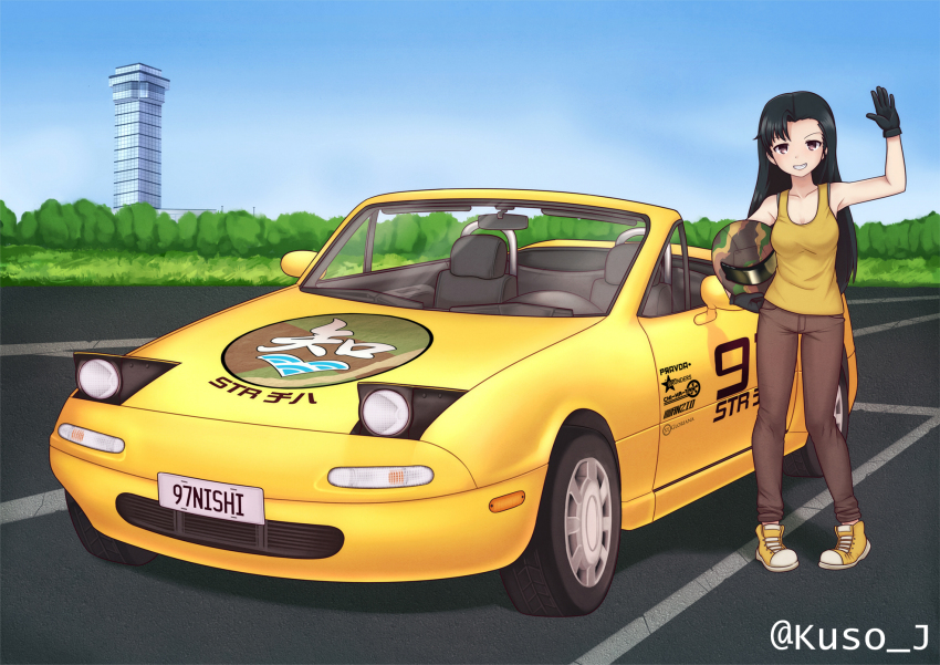 1girl arm_up black_gloves black_hair breasts brown_eyes brown_pants car cleavage commission day eunos_roadster female_focus girls_und_panzer gloves grin hand_on_own_hip helmet highres holding holding_helmet jacy long_hair looking_at_viewer mazda mazda_mx-5 mazda_mx-5_na medium_breasts motor_vehicle nishi_kinuyo outdoors pants parted_lips road shoes sleeveless smile sneakers solo standing teeth twitter-san_(tsukigi) vehicle_focus yellow_shoes