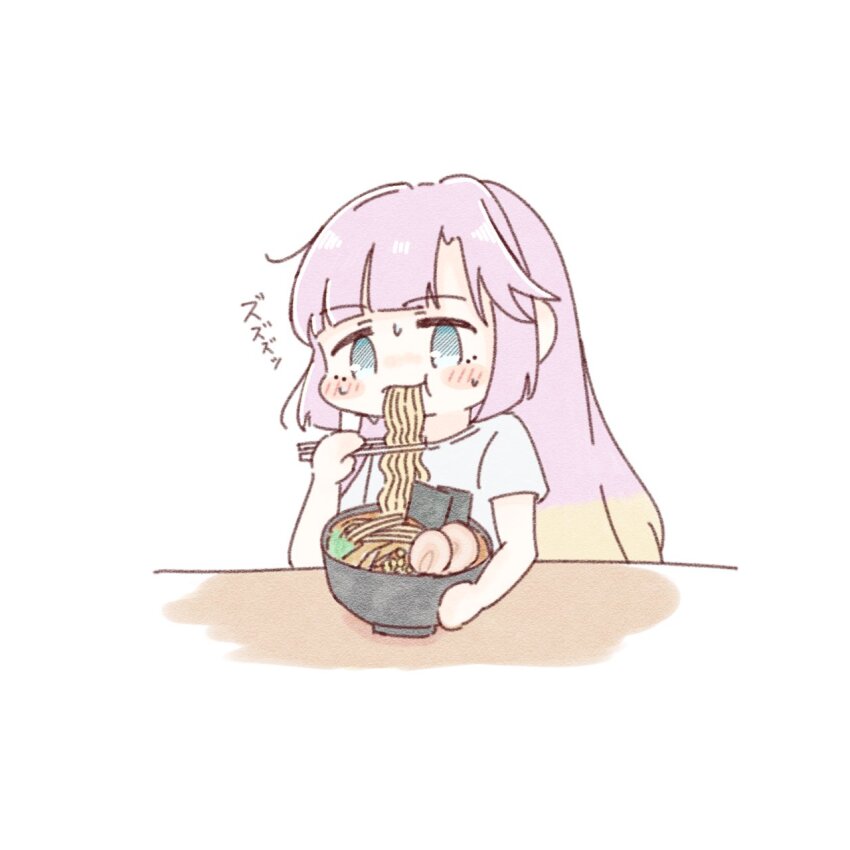 1girl amano_tatsu anyoji_hime anyoji_hime_(summer_loungewear) blonde_hair blue_eyes blunt_bangs blush bowl char-siu chopsticks commentary deformed eating food gradient_hair highres holding holding_chopsticks holding_with_chopsticks link!_like!_love_live! long_hair love_live! multicolored_hair noodles nori_(seaweed) pink_hair ramen sidelocks simple_background solo sweatdrop swept_bangs very_long_hair virtual_youtuber white_background