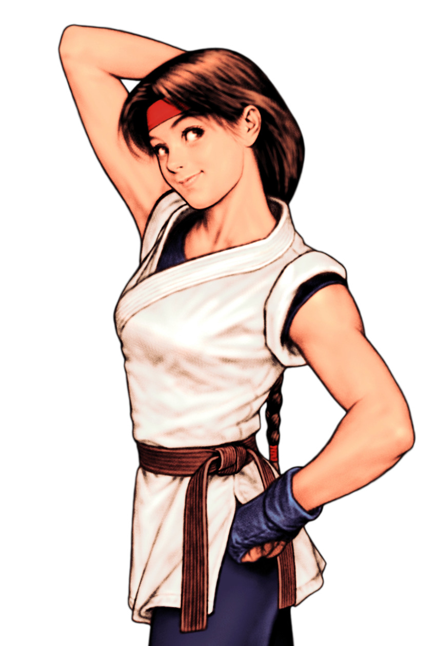 1girl arm_over_shoulder braid brown_eyes brown_hair capcom_vs_snk capcom_vs_snk_2 converse dougi fingerless_gloves game_cg gloves hand_on_own_hip headband highres martial_arts_belt mori_toshiaki non-web_source official_art red_headband ryuuko_no_ken shoes sleeveless smile sneakers snk solo spandex the_king_of_fighters yuri_sakazaki