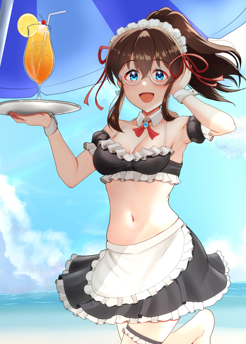 1girl absurdres beach_umbrella bikini black_bikini black_skirt blue_eyes blue_sky blush breasts cleavage cup detached_collar frilled_bikini frills glasses highres holding holding_tray idolmaster idolmaster_million_live! looking_at_viewer maid maid_bikini medium_breasts ocean outdoors ponytail red-framed_eyewear satake_minako skirt sky smile solo swimsuit tanukiinu005 thigh_strap tray umbrella unconventional_maid wrist_cuffs
