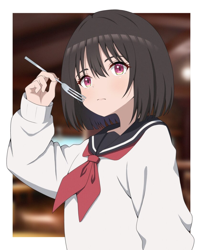 1girl absurdres blurry blurry_background blush border brown_hair commentary_request fork hair_between_eyes highres holding holding_fork kukokoko_(ukan2253) light_blush long_sleeves looking_at_viewer osanai_yuki purple_eyes sailor_collar short_hair shoushimin_series sweater white_border white_sweater