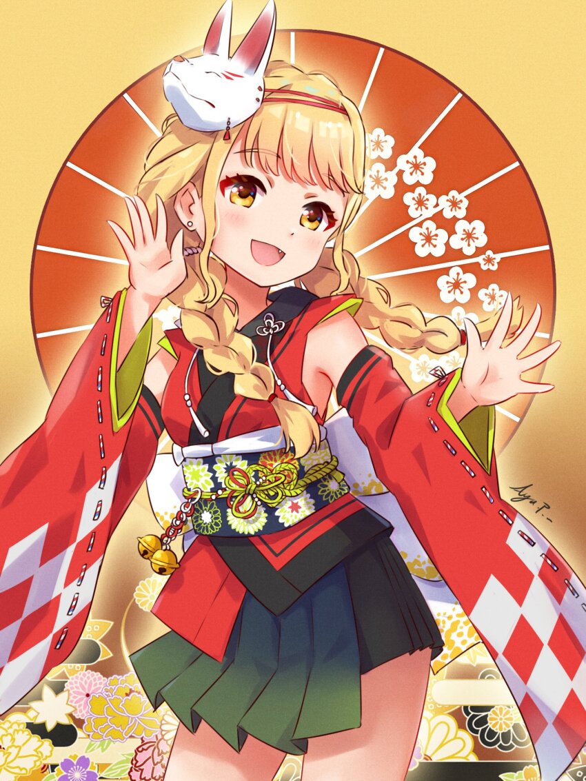 1girl bare_shoulders bell black_skirt blonde_hair blush bow braid breasts checkered_sleeves cowboy_shot detached_sleeves dot_nose dress_bow ear_piercing fang floral_print_sash flower fox_mask fujita_kotone gakuen_idolmaster gradient_clothes gradient_skirt green_skirt hair_tie hands_up highres idolmaster japanese_clothes jingle_bell kamurogiku_(idolmaster) kimono koaya long_hair long_sleeves looking_at_viewer mask mask_on_head obi obiage obijime oil-paper_umbrella open_hands open_mouth piercing plum_blossoms red_kimono red_sleeves red_umbrella ribbon-trimmed_sleeves ribbon_trim sash signature skirt sleeveless sleeveless_kimono small_breasts smile solo standing twin_braids two-tone_skirt umbrella white_bow white_flower wide_sleeves yellow_background yellow_eyes