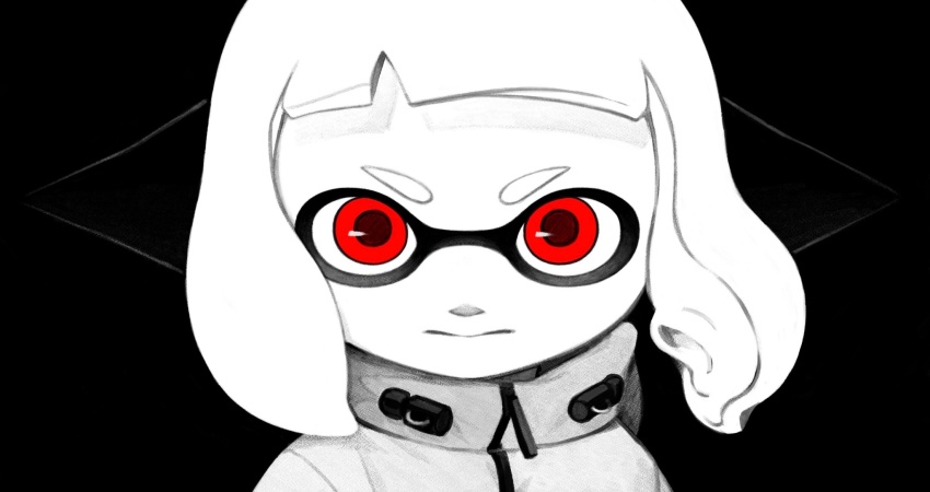 1girl agent_4_(splatoon) behind-the-head_headphones closed_mouth greyscale headphones highres inkling jacket looking_at_viewer medium_hair monochrome nintendo portrait protected_link red_eyes serious solo splatoon_(series) splatoon_2 spot_color takoyaki_dr_ink tentacle_hair v-shaped_eyebrows zipper_pull_tab