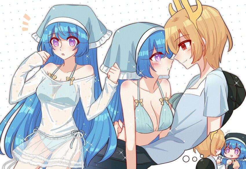 2girls apron bikini blonde_hair blue_bikini blue_bow blue_hair blue_headscarf blue_shirt blush bow breasts clothes_hanger commentary dragon_horns dress eye_contact green_apron green_headscarf green_skirt haniyasushin_keiki headscarf highres horns image_in_thought_bubble kicchou_yachie large_breasts long_hair looking_at_another mask_(boring_mask) multiple_girls open_mouth puffy_sleeves purple_eyes red_eyes see-through_clothes shirt short_hair short_sleeves skirt smile swimsuit touhou turtle_shell very_long_hair white_bow yellow_bow yellow_dress yuri