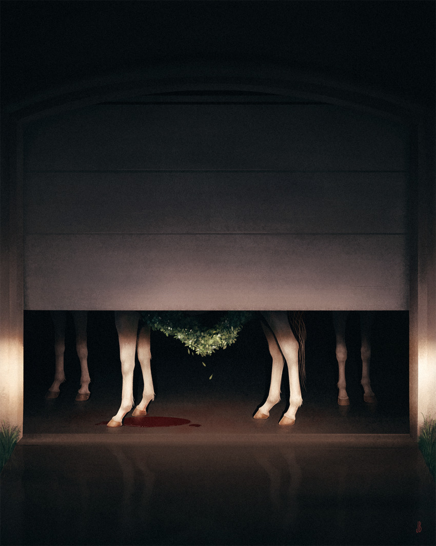animal animal_focus blood blood_on_ground commentary dappermouth dark day english_commentary film_grain garage garage_door highres horror_(theme) horse indoors leaf legs no_humans open_door original partially_obscured plant pool_of_blood shadow suburb surreal white_fur wreath