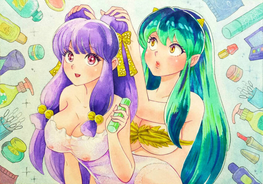 2girls animal_print bell bikini bottle bow breasts cleavage cotton_swab crossover double_bun green_hair hair_bell hair_bow hair_bun hair_ornament horns lingerie lum minako_pastel multiple_girls nipples oni pointy_ears purple_eyes purple_hair ranma_1/2 shampoo_(ranma_1/2) sidelocks spray_bottle strapless strapless_bikini swimsuit tiger_print traditional_media underwear urusei_yatsura yellow_bow yellow_eyes