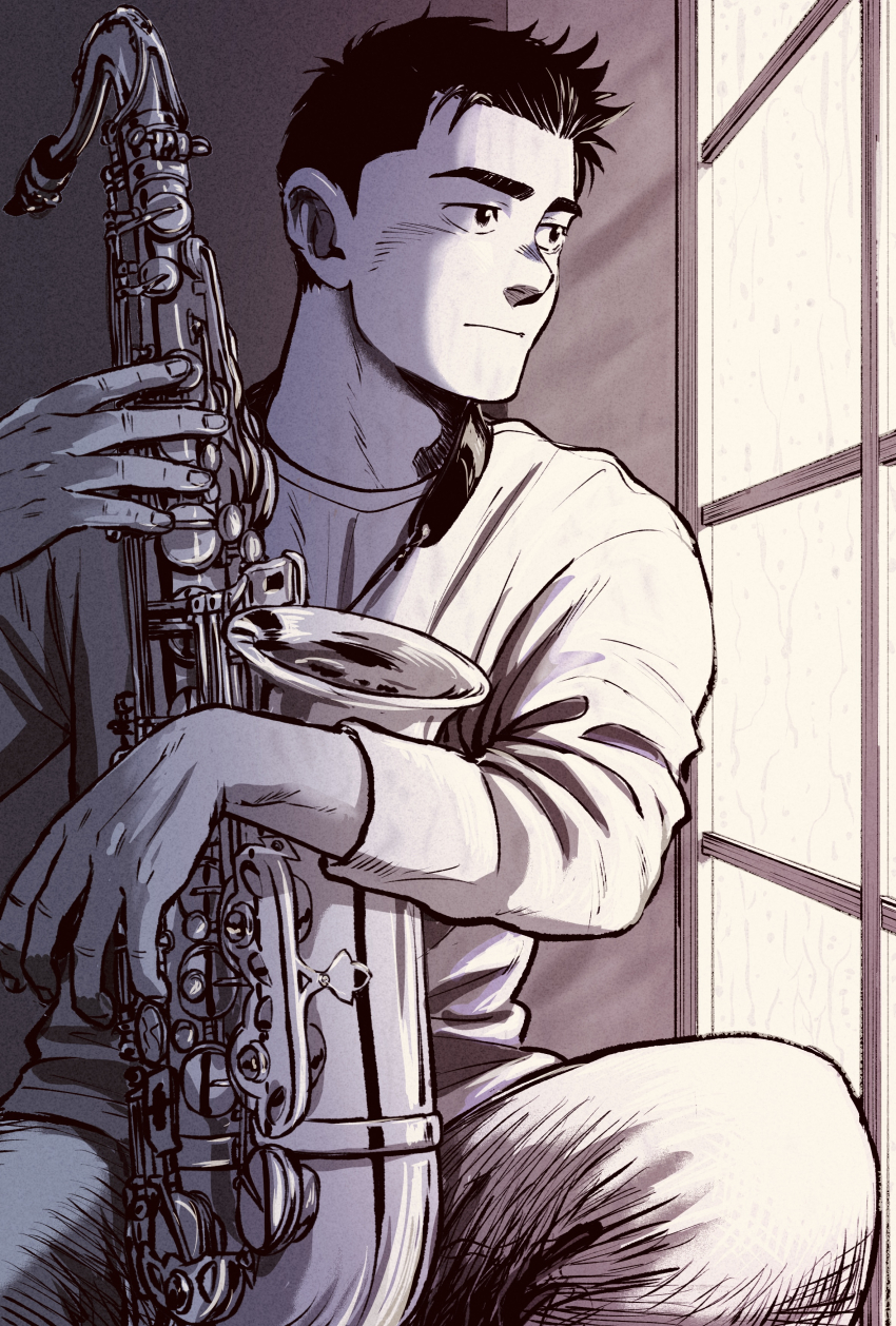1boy 3kaku_mimi absurdres black_hair blue_giant greyscale highres holding holding_instrument indoors instrument long_sleeves looking_outside male_focus miyamoto_dai monochrome short_hair sitting solo tenor_saxophone window