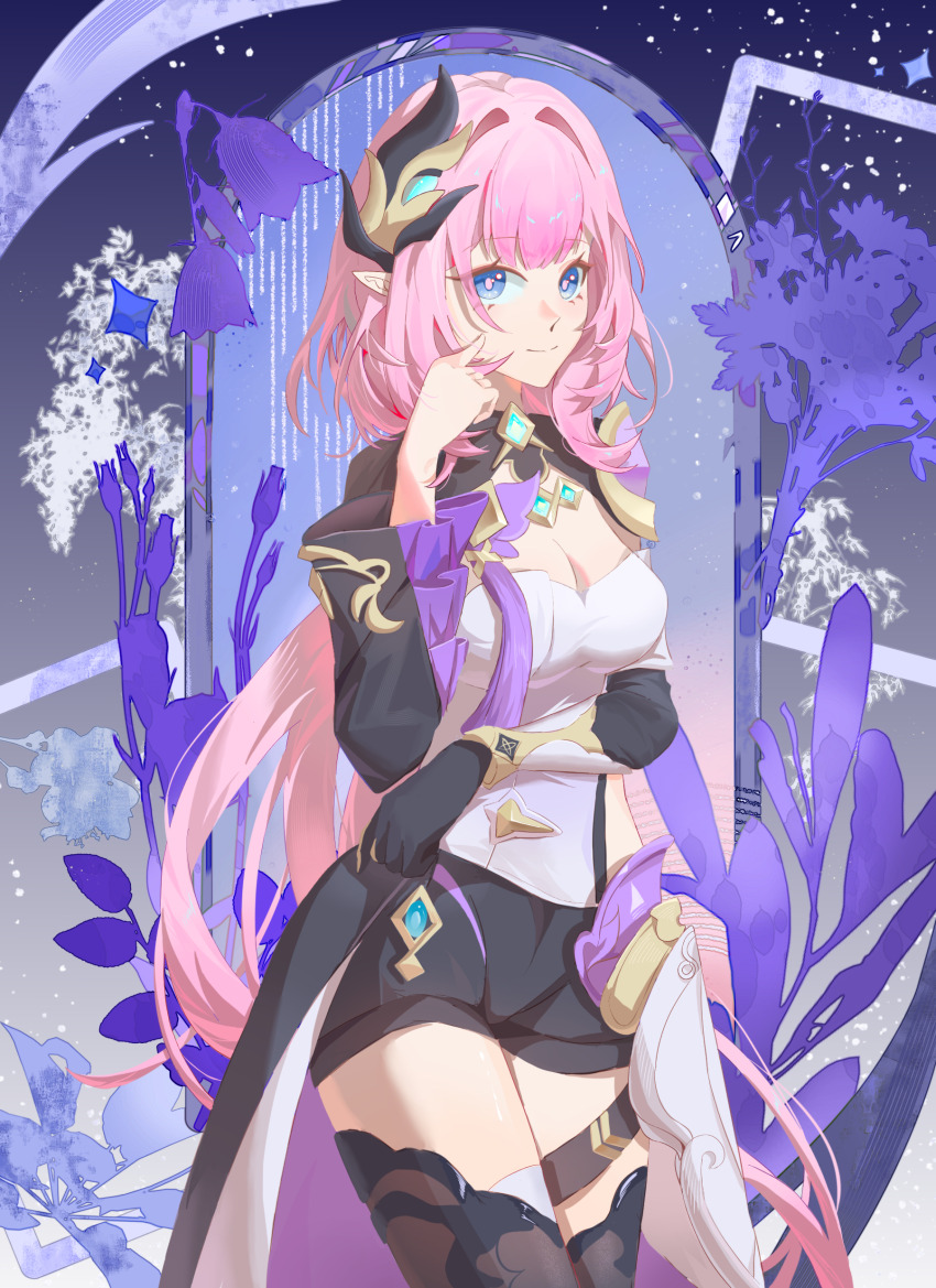 1girl absurdres black_gloves black_shorts blue_eyes breasts buchuhutaobugaiming chinese_commentary commentary_request corset elf elysia_(honkai_impact) elysia_(miss_pink_elf)_(honkai_impact) gloves hair_ornament highres honkai_(series) honkai_impact_3rd large_breasts long_hair pointy_ears purple_eyes short_shorts shorts shrug_(clothing) single_glove smile solo thighs white_corset