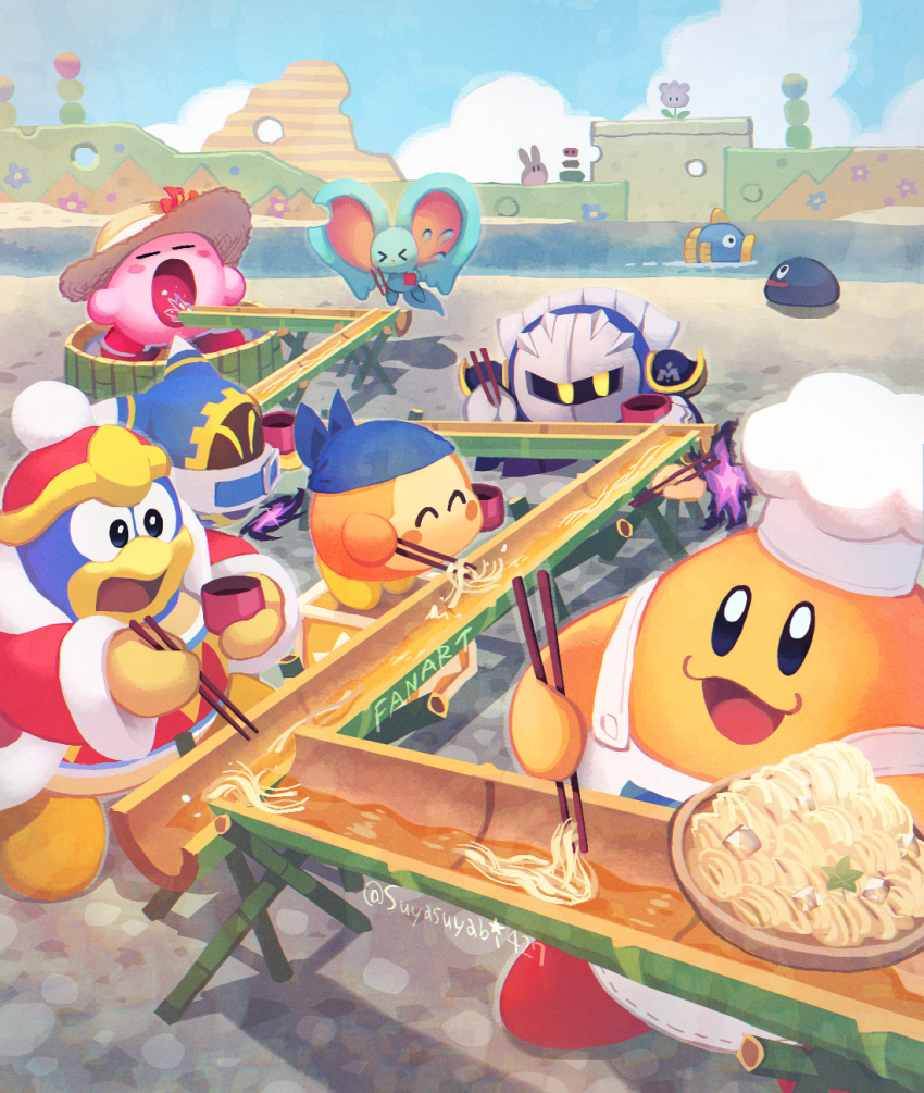 &gt;_&lt; :3 :d ^_^ apron bandana bandana_waddle_dee blue_bandana blush_stickers bowl brown_hat chef_hat chef_kawasaki chopsticks closed_eyes colored_skin commentary_request cup elfilin flower flying_sweatdrops food gooey_(kirby) hat hat_flower highres holding holding_bowl holding_chopsticks holding_cup kine_(kirby) king_dedede kirby kirby_(series) magolor meta_knight nagashi_soumen nintendo no_humans noodles open_mouth orange_skin outdoors pink_skin smile soumen standing straw_hat suyasuyabi white_apron white_hat