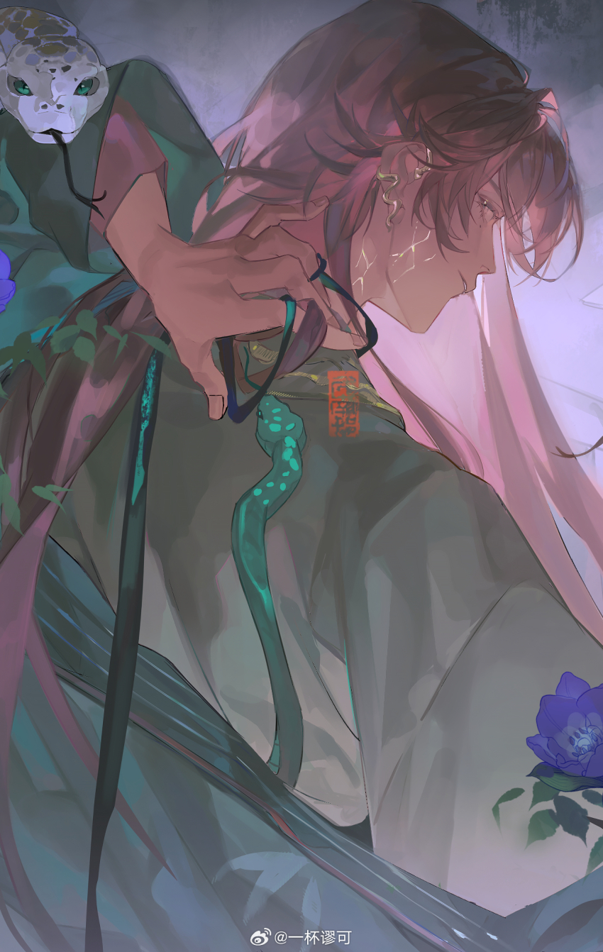 1boy animal aqua_coat arm_behind_head black_ribbon brown_eyes chinese_clothes chinese_commentary coat coat_partially_removed code:_kite daxiushan earrings flower from_behind giant_snake green_robe grey_background hair_between_eyes hands_up hanfu highres holding holding_ribbon jewelry long_hair long_sleeves looking_at_viewer looking_back m_iumiu1224 male_focus mole mole_under_eye oversized_animal parted_lips pink_hair profile purple_flower ribbon ring robe scales seal_impression sideways_glance smile snake snake_earrings solo upper_body watermark weibo_watermark wide_sleeves yuan_ji_(code:_kite)