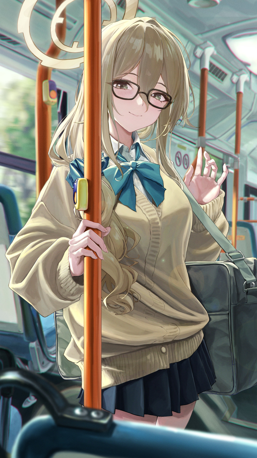 1girl absurdres akane_(blue_archive) akane_(school_uniform)_(blue_archive) bag black_bag black_skirt blue_archive blue_bow blue_bowtie blue_scrunchie bocchi_(kuropom7) bow bowtie brown_cardigan brown_eyes brown_hair bus_interior cardigan closed_mouth commentary_request hair_ornament hair_scrunchie hand_up highres long_hair long_sleeves looking_at_viewer miniskirt official_alternate_costume official_alternate_hairstyle pleated_skirt revision school_bag school_uniform scrunchie shoulder_bag skirt smile waving