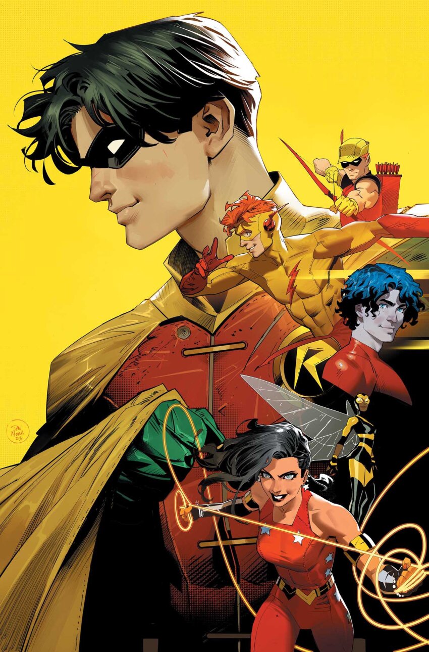 2girls 4boys aqualad archery artist_name black_hair bow_(weapon) bumblebee_(dc) cape commentary dan_mora dc_comics dick_grayson domino_mask donna_troy english_commentary gloves green_gloves highres insect_wings kid_flash lasso_of_truth male_focus mask multiple_boys multiple_girls robin_(dc) roy_harper speedy_(dc) teen_titans wally_west weapon western_comics_(style) wings wonder_girl yellow_background yellow_cape