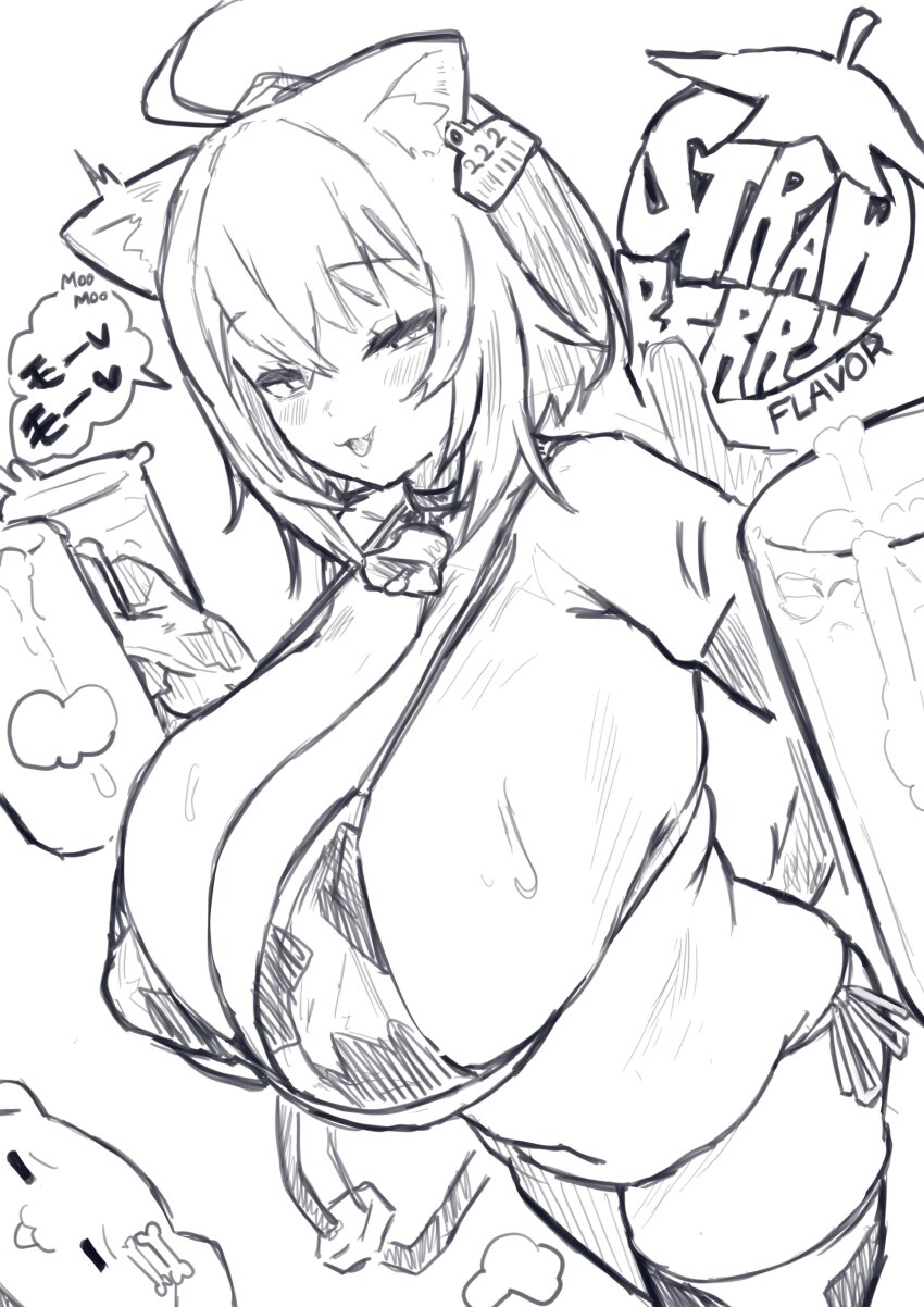 1girl absurdres ahoge alternate_costume animal_ear_fluff animal_ears animal_print bell bikini bone_hair_ornament breasts cat_girl cat_tail commentary_request cow_print cow_print_bikini cow_print_thighhighs cowbell cup ear_tag english_text hair_between_eyes hair_ornament half-closed_eyes highres holding holding_cup hololive inugami_korone inugami_korone_(dog) large_breasts monochrome neck_bell nekomata_okayu nii-san open_mouth print_bikini print_thighhighs sketch smile solo_focus speech_bubble swimsuit tail thighhighs virtual_youtuber