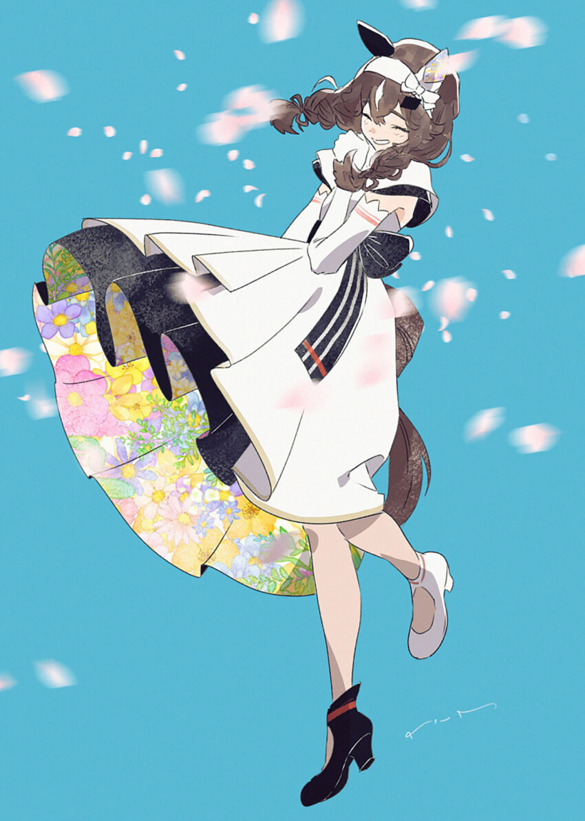 animal_ears blue_background blush braid breasts brown_hair closed_eyes closed_mouth commentary_request curren_bouquetd&#039;or_(umamusume) dress elbow_gloves full_body gloves hair_between_eyes hair_ornament hairband harapekopoppo highres horse_ears horse_tail low_twin_braids petals simple_background small_breasts standing standing_on_one_leg tail twin_braids umamusume white_background