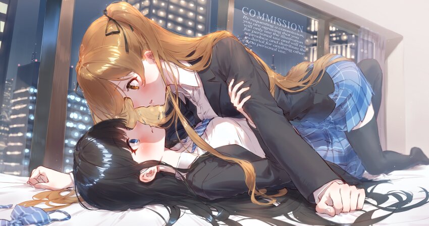 2girls absurdres asymmetrical_docking black_hair black_thighhighs blue_bra blue_eyes blue_necktie blue_skirt blush bra breast_press breasts brown_eyes brown_hair city commentary commission eshineko full_body hair_spread_out highres houjou_high_school_uniform indoors looking_at_another medium_breasts multiple_girls necktie night ogiso_setsuna on_bed pinned plaid_clothes plaid_skirt pleated_skirt school_uniform skeb_commission skirt small_breasts striped_bra striped_clothes striped_necktie thighhighs touma_kazusa two_side_up underwear unworn_bra vertical-striped_bra vertical-striped_clothes white_album_(series) white_album_2 window yuri zettai_ryouiki