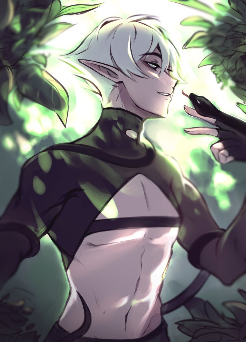 1boy 1hp_club absurdres animal animal_on_hand black_gloves black_snake brown_eyes chest_belt cleavage_cutout clothing_cutout commentary dappled_sunlight elf elfboiii english_commentary fingerless_gloves forest gloves hair_between_eyes highres looking_at_another male_focus nature obi_(1hp_club) outdoors pectorals pointy_ears short_hair sidelocks snake solo stomach sunlight toned toned_male tongue tongue_out white_hair