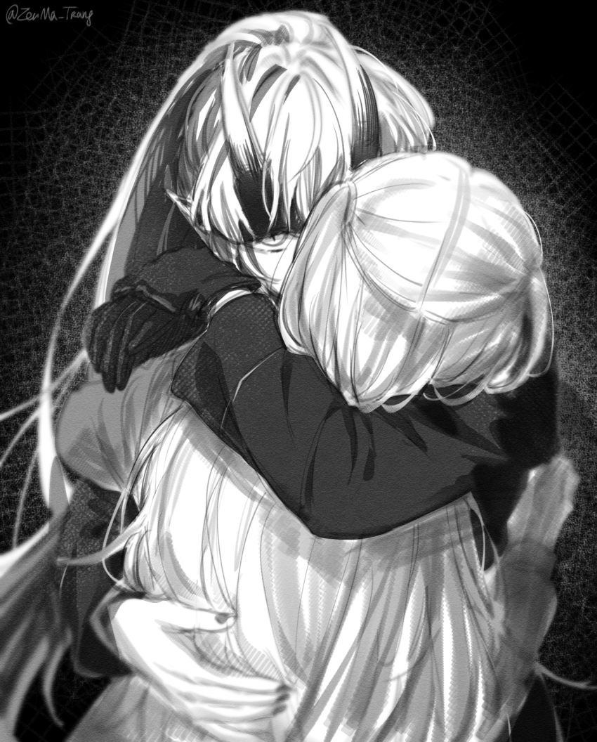 2girls alternate_universe arm_around_neck commentary demon_girl fujishima_megumi gloves greyscale highres horns hug link!_like!_love_live! long_sleeves love_live! monochrome multiple_girls otomune_kozue ponytail skin-covered_horns slit_pupils twitter_username two_side_up upper_body virtual_youtuber yuri zenma_trang