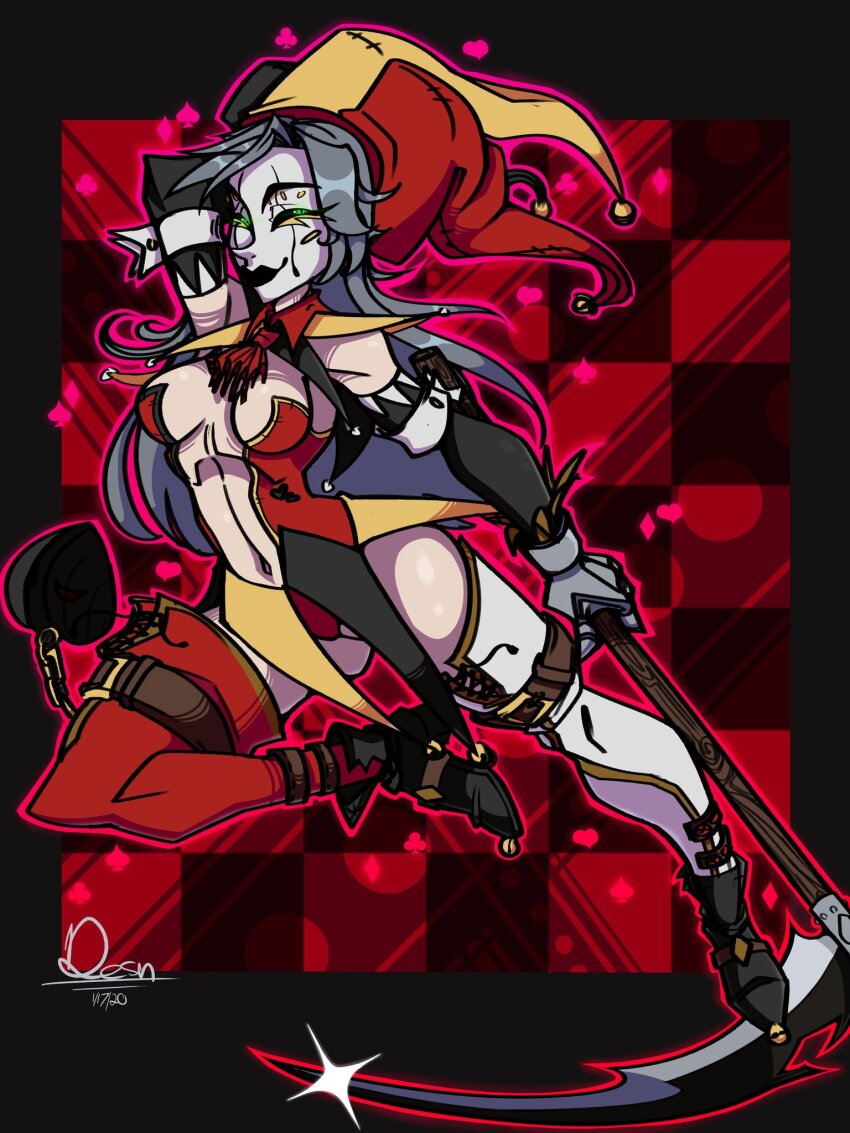 1girl arm_armor artist_name ascot asymmetrical_legwear black_lips black_sleeves black_trim breasts checkered_background cleavage commentary desn earrings english_commentary female_focus frilled_sleeves frills grey_hair hat highres jester jester_cap jewelry leg_up leotard long_hair mask medium_breasts midair multicolored_hat myebou_(desn) navel original pale_skin popped_collar red_ascot red_background red_leotard red_trim revealing_clothes scythe simple_background smile solo straight_hair thighhighs waist_cape white_mask yellow_trim
