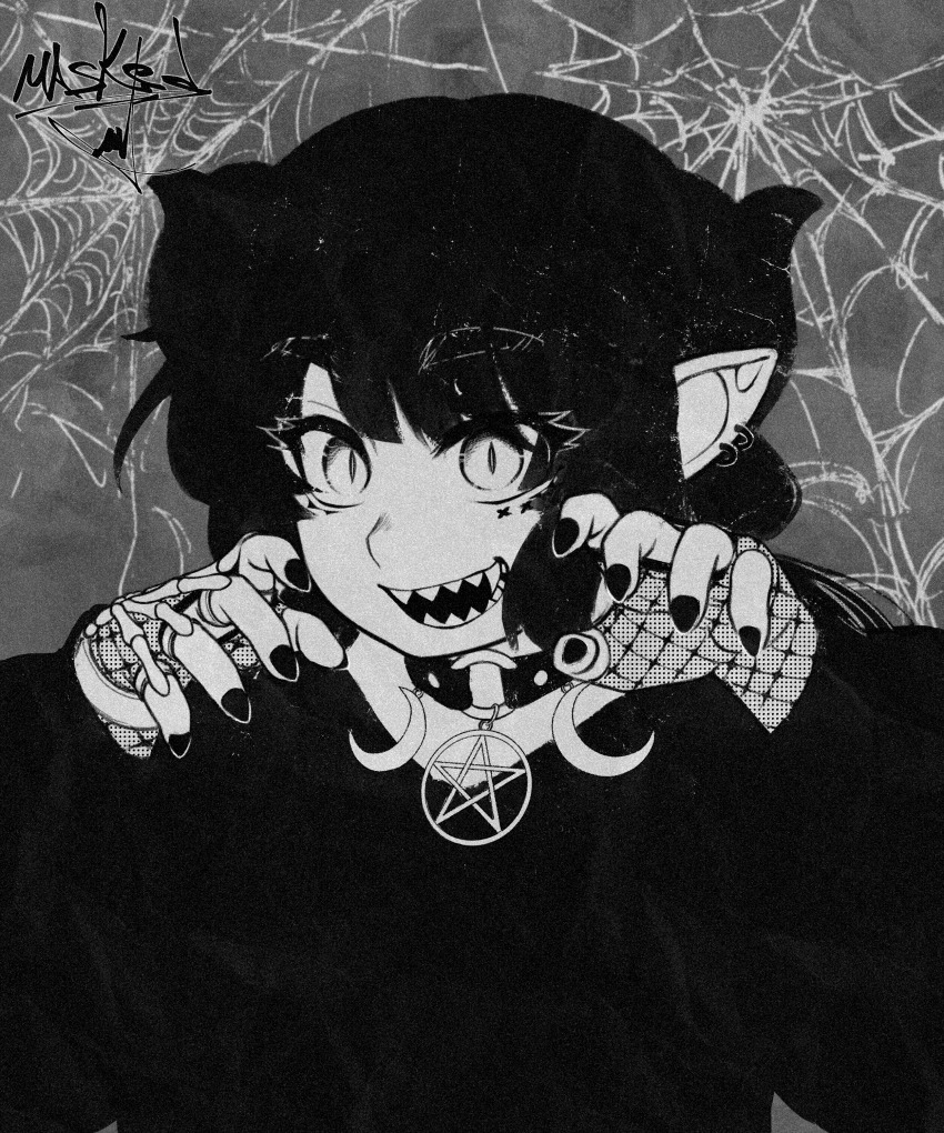 1girl absurdres artist_name black_hair black_hoodie black_nails bracelet choker dragon_girl dragon_horns ear_piercing eyelashes facial_tattoo fishnet_gloves fishnets gloves goth_fashion grey_background highres hood hoodie horns ilulu_(maidragon) jewelry kobayashi-san_chi_no_maidragon masked_ink piercing pointy_ears polka_dot sharp_teeth signature silk slit_pupils spider_web tagme tattoo teeth