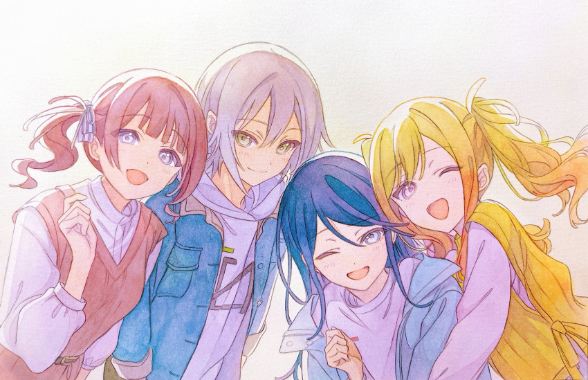 4girls :d absurdres belt black_belt blonde_hair blue_eyes blue_hair blue_jacket brown_dress brown_hair closed_mouth collared_shirt commentary dress green_eyes grey_hair hair_between_eyes hair_ribbon highres hinomori_shiho hood hood_down hoodie hoshino_ichika_(project_sekai) jacket leo/need_(project_sekai) long_bangs long_hair looking_at_viewer mochizuki_honami multiple_girls one_eye_closed open_clothes open_jacket open_mouth pato_(ptro) pen_(medium) project_sekai purple_eyes ribbon shirt short_hair side-by-side side_ponytail sidelocks sleeveless sleeveless_dress smile tenma_saki traditional_media twintails upper_body v-neck white_hoodie white_ribbon white_shirt yellow_jacket