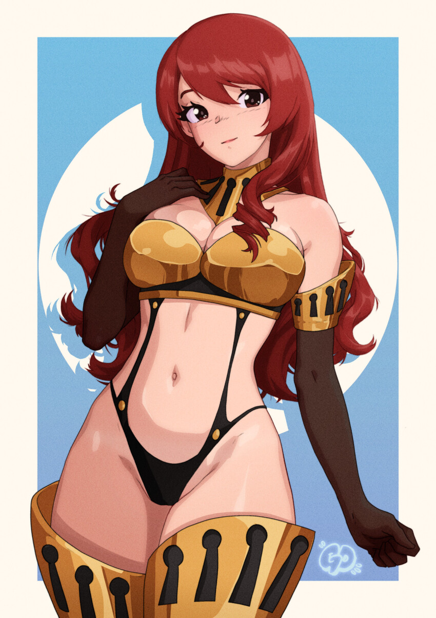 1girl armor armpit_crease artist_logo bare_shoulders bikini_armor blue_background blush border breasts brown_eyes brown_gloves cameltoe cleavage closed_mouth collarbone commentary cowboy_shot elbow_gloves gloves gold_armor high-cut_armor_(persona) highleg highres kirijou_mitsuru large_breasts lips logo long_hair navel official_alternate_costume persona persona_3 red_hair solo stomach thatpersonaguy thighhighs thighs