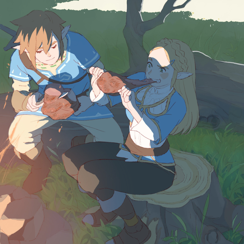 1boy 1girl 55bata6rou biting black_pants blonde_hair blue_shirt boned_meat boots brown_boots brown_hair closed_eyes closed_mouth cutting eating fire food full_body furrowed_brow grass green_eyes hands_up highres holding holding_food holding_knife knife link long_hair meat nintendo on_tree_stump outdoors pants pointy_ears princess_zelda shade shirt sitting teeth the_legend_of_zelda the_legend_of_zelda:_breath_of_the_wild tree white_pants