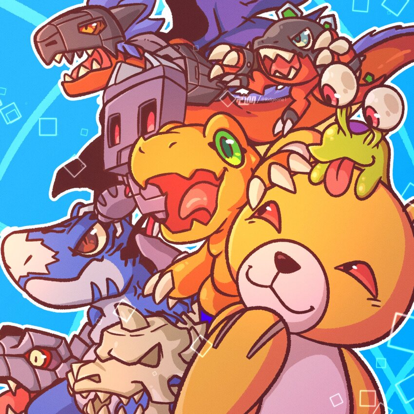 agumon deltamon digimon digimon_(creature) highres looking_at_another mametyramon megadramon monzaemon numemon open_mouth red_eyes smile tongue tongue_out