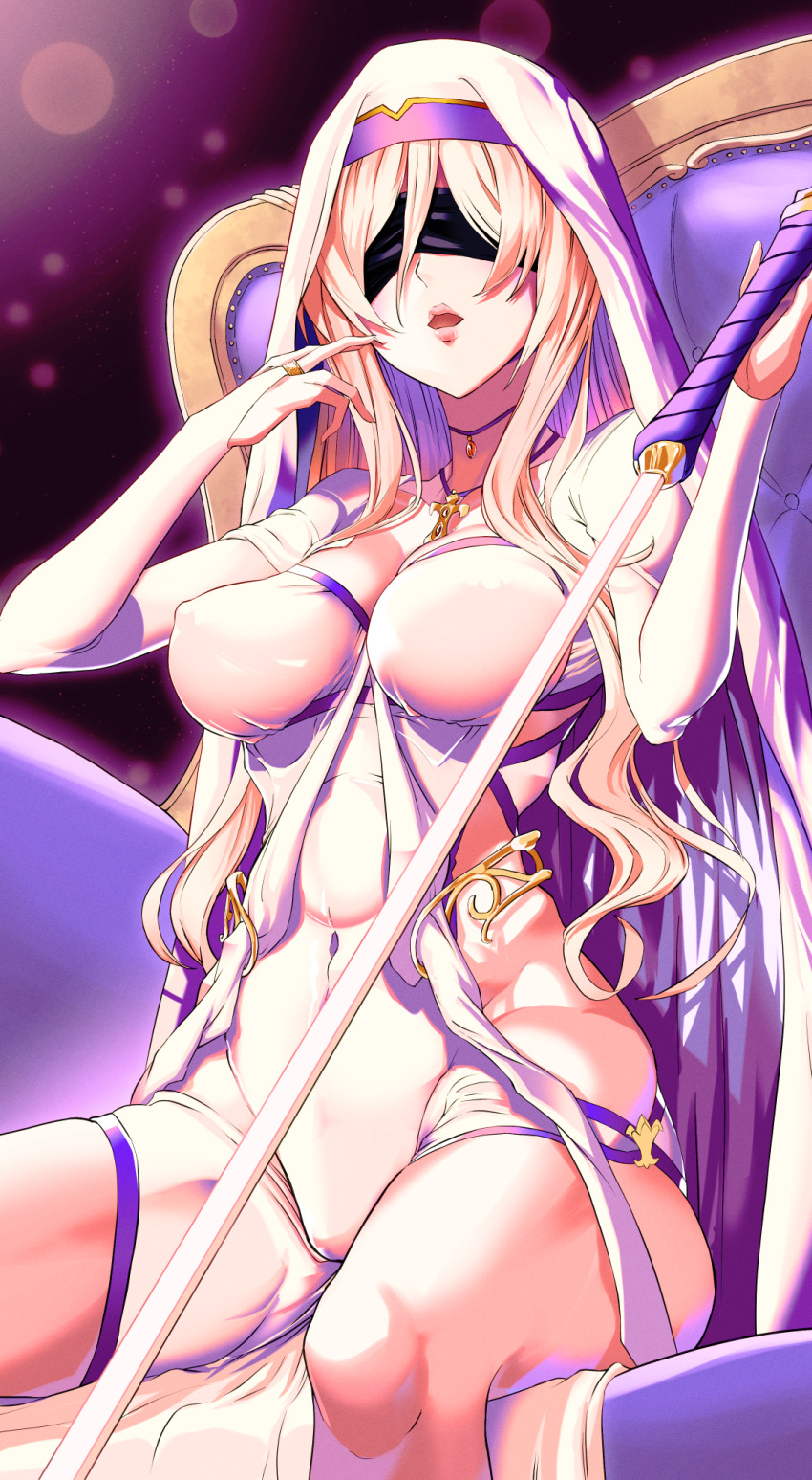 1girl blindfold blonde_hair breasts bridal_gauntlets chair commentary_request covered_erect_nipples covered_navel dress goblin_slayer! highres holding holding_staff jewelry large_breasts long_hair necklace no_panties on_chair parted_lips polearm purple_background rokakukei sideless_dress sitting skin_tight solo staff sword_maiden swordstaff veil weapon white_dress white_veil