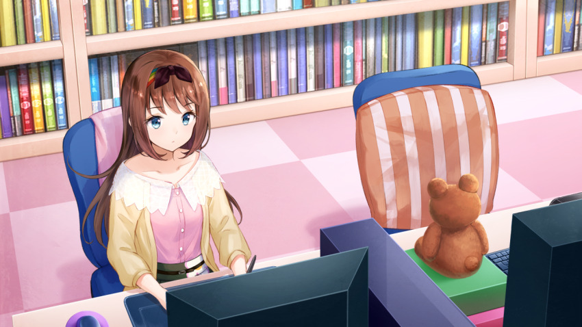 1girl blue_eyes bookshelf breasts brown_cardigan brown_hair cardigan chair closed_mouth collarbone drawing_tablet game_cg green_skirt hairband holding holding_stylus indoors long_hair monitor multicolored_hairband non-web_source office_chair official_art on_chair open_cardigan open_clothes otori_ai pink_shirt shirt sitting skirt small_breasts solo stuffed_animal stuffed_toy stylus swivel_chair teddy_bear working yumeutsutsu_re:master