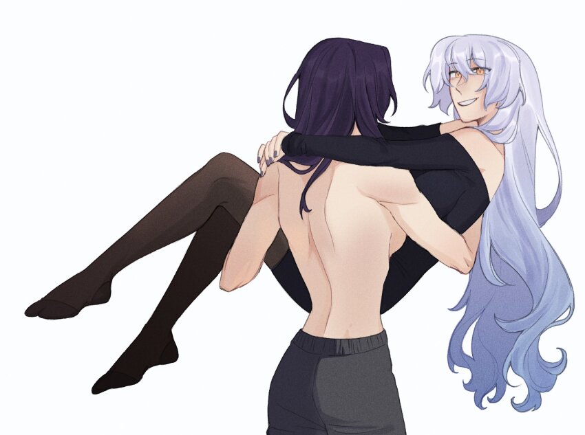 2girls acheron_(honkai:_star_rail) black_swan_(honkai:_star_rail) breasts carrying charathegay hair_over_one_eye highres honkai:_star_rail honkai_(series) long_hair looking_at_another multiple_girls nail_polish pants princess_carry purple_hair simple_background smile topless_female white_background yellow_eyes yuri